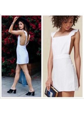 Reformation Parakeet White Linen Mini Dress Size 8 Open Back Ruffle Strap
